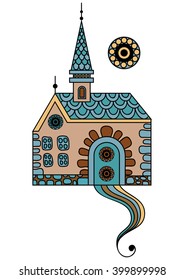 Patterned castle (palace) in floral style. Suitable for invitation, flyer, sticker, poster, banner, card,label, cover, web. Vector illustration.