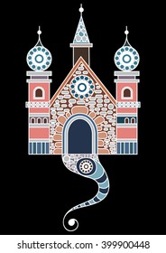 Patterned castle (palace) in floral style. Suitable for invitation, flyer, sticker, poster, banner, card,label, cover, web. Vector illustration.