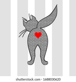 gatito con un corazón sobre un fondo de rayas grises