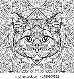 Patterned cat, kitty head in the zentangle style of a white background passing. Tribal ornament painted by hand. Coloring Cat. Series ethnic animals. African, Indian. Mandala. Ornament. Vector