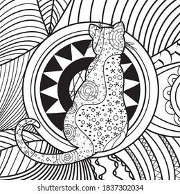 Patterned cat on abstract square shape. Hand drawn abstract pattern. Black and white illustration