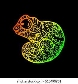 Patterned Chameleon drawing. Vector hand Drawn doodle chameleon. Rainbow gradient chameleon