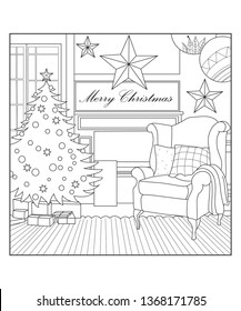 Patterned Christmas home interior with  Christmas tree and gifts. For adult anti stress coloring page or book. Vector illustration, hand drawn sketch prepared for print.