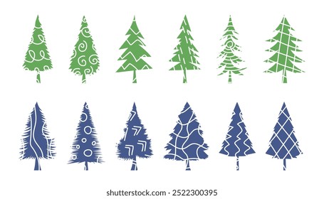 Patterned Christmas trees. 2025 New Year's decorative elements, nature and forest. Pine, fir, spruce colored illustration. Set hand drawn simple blue green patterned Christmas tree for winter holidays