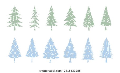 Patterned Christmas trees. New Year's decorative elements of nature and forest. Pine, fir, spruce colored illustration. Set hand drawn simple blue green patterned Christmas tree for winter holidays.