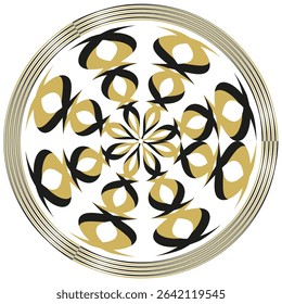 Patterned circle icon. Black gold shape. Decorative radial figure. Vector ornate form.