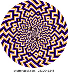 Patterned circle with optical illusion of moving ethnic ornament. Circular template for background design.