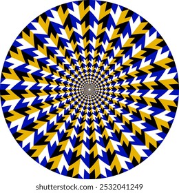Círculo padronizado com ilusão óptica de setas de cor em movimento ou letras M. Modelo circular para design de plano de fundo.