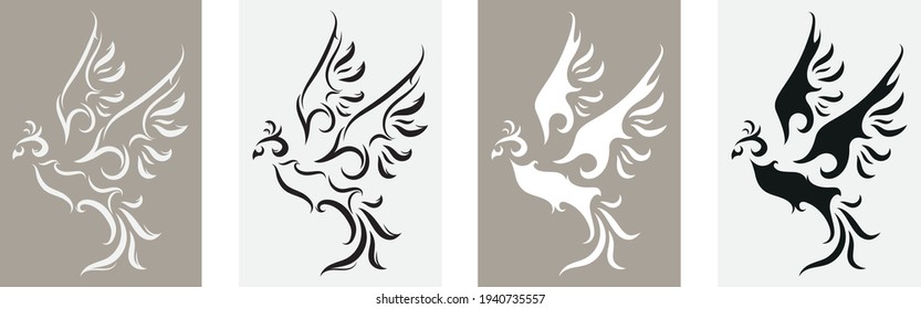 Patterned clip-art of a phoenix bird in tattoo style black and white (you can change the color) in two versions.