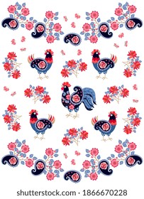 Patterned cockerels and hens with wings in the form of paisley, flying butterflies and bouquets of red flowers on a white background. Fabulous print for fabric, wallpaper. Russian folk motif.