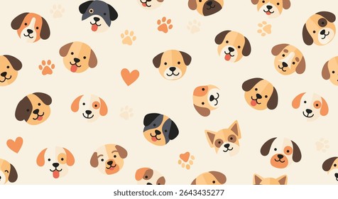A Patterned Collection of Adorable Puppy Faces with Paws and Little Hearts on a Beige Background
