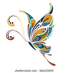 Patterned colored butterfly. African / indian / totem / tattoo design. It may be used for design of a t-shirt, bag, postcard and poster.