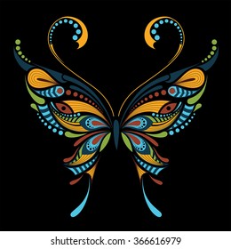 Patterned colored butterfly. African / indian / totem / tattoo design. It may be used for design of a t-shirt, bag, postcard and poster.