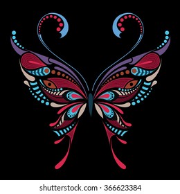 Patterned colored butterfly. African / indian / totem / tattoo design. It may be used for design of a t-shirt, bag, postcard and poster.