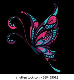 Patterned colored butterfly. African / indian / totem / tattoo design. It may be used for design of a t-shirt, bag, postcard and poster.