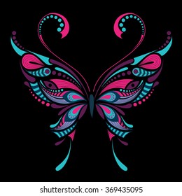 Patterned colored butterfly. African / indian / totem / tattoo design. It may be used for design of a t-shirt, bag, postcard and poster.