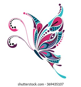 Patterned colored butterfly. African / indian / totem / tattoo design. It may be used for design of a t-shirt, bag, postcard and poster.