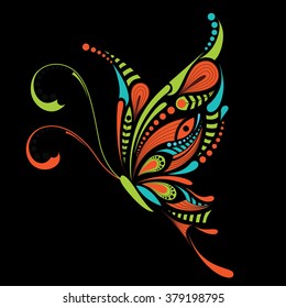 Patterned colored butterfly. African / indian / totem / tattoo design. It may be used for design of a t-shirt, bag, postcard and poster.