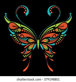 Patterned colored butterfly. African / indian / totem / tattoo design. It may be used for design of a t-shirt, bag, postcard and poster.