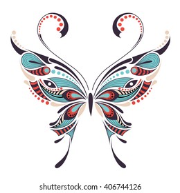 Patterned colored butterfly. African / indian / totem / tattoo design. It may be used for design of a t-shirt, bag, postcard and poster.