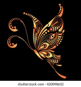 Patterned colored butterfly. African, indian design. It may be used for shirt, bag, postcard and poster.
