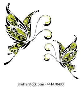 Patterned colored butterfly. African, indian, tattoo style. It may be used for design of t-shirt, bag, postcard and posters.