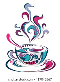 Patterned colored cap of coffee. Batik, Indian tattoo design. It may be used for shirt, bag, postcard and menu.