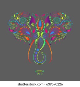 Patterned colored head of the elephant. African / indian / totem / tattoo design. It may be used for design of a t-shirt, bag, postcard and poster.