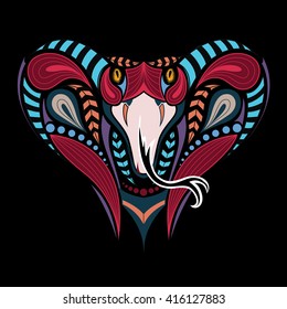 Patterned colored head of the King Cobra. African, indian tattoo design. It may be used for design of a t-shirt, bag, postcard and poster.