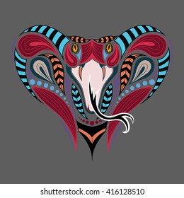 Patterned colored head of the King Cobra. African, indian tattoo design. It may be used for design of a t-shirt, bag, postcard and poster.