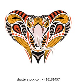Patterned colored head of the King Cobra. African, indian tattoo design. It may be used for design of a t-shirt, bag, postcard and poster.