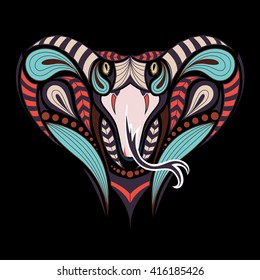Patterned colored head of the King Cobra. African, indian tattoo design. It may be used for design of a t-shirt, bag, postcard and poster.