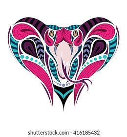 Patterned colored head of the King Cobra. African, indian tattoo design. It may be used for design of a t-shirt, bag, postcard and poster.
