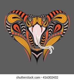 Patterned colored head of the King Cobra. African, indian tattoo design. It may be used for design of a t-shirt, bag, postcard and poster.