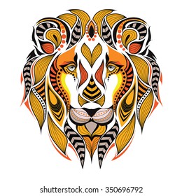 Patterned colored head of a lion. African / indian / totem / tattoo design. It may be used for design of a t-shirt, bag, postcard and poster.