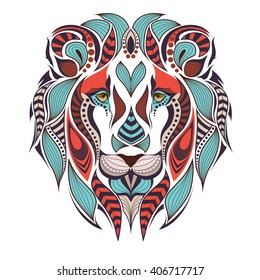 Patterned colored head of the lion. African / indian / totem / tattoo design. It may be used for design of a t-shirt, bag, postcard and poster.