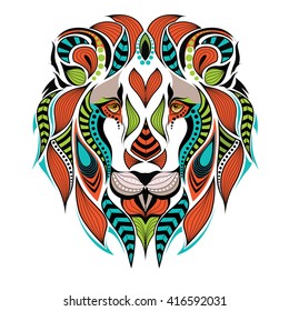 Patterned colored head of the lion. African / indian / totem / tattoo design. It may be used for design of a t-shirt, bag, postcard and poster.