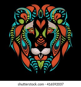 Patterned colored head of the lion. African / indian / totem / tattoo design. It may be used for design of a t-shirt, bag, postcard and poster.