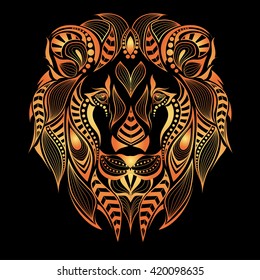 Patterned colored head of the lion. African, indian design. It may be used for shirt, bag, postcard and poster.