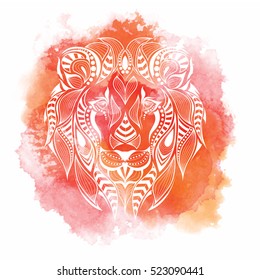 Patterned colored head of the lion. African, indian, totem, tattoo design. It may be used for design of a t-shirt, bag, postcard and poster. Abstract Background with Watercolor Stains, Vector Design
