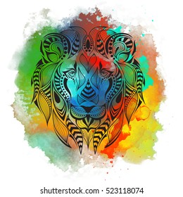 Patterned colored head of the lion. African, indian, totem, tattoo design. It may be used for design of a t-shirt, bag, postcard and poster. Abstract Background with Watercolor Stains, Vector Design