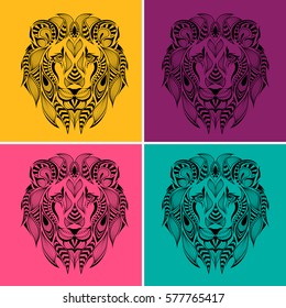 Patterned colored head of the lion. Pop art style vector illustration.