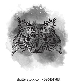 Patterned colored head of the owl. African, indian, totem, tattoo design. It may be used for design of a t-shirt, bag, postcard and poster. Abstract Background with Watercolor Stains, Vector Design