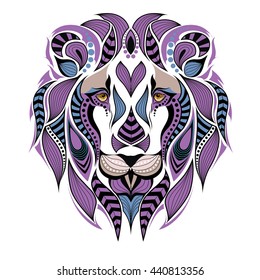 Patterned colored lion head. African, indian, totem, tattoo design. It may be used for design of t-shirt, bag, postcard and posters.