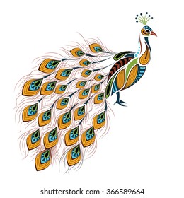 Patterned colored peacock. African / indian / totem / tattoo design. It may be used for design of a t-shirt, bag, postcard and poster.