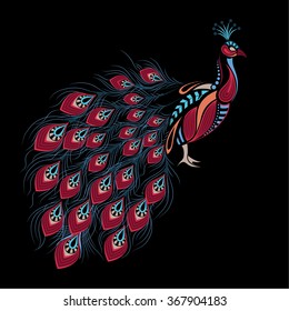 Patterned colored peacock. African / indian / totem / tattoo design. It may be used for design of a t-shirt, bag, postcard and poster.