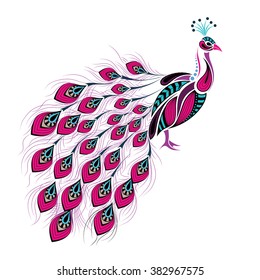 Patterned colored peacock. African / indian / totem / tattoo design. It may be used for design of a t-shirt, bag, postcard and poster.