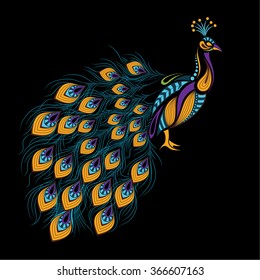 Patterned colored peacock on black. African / indian / totem / tattoo design. It may be used for design of a t-shirt, bag, postcard and poster.
