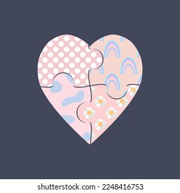 Patterned colorful abstract heart in the shape of pazzles. Easy to use as an element of a vector design for greeting cards or poster printing. Isolated on the dark.