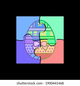 Patterned colorful Easter egg on the puzzle background. Easy to use as an element of a vector design for greeting cards or poster printing. Isolated on the black.